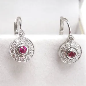 14K White Gold Ruby and Diamond Halo Lever Back Drop Earrings