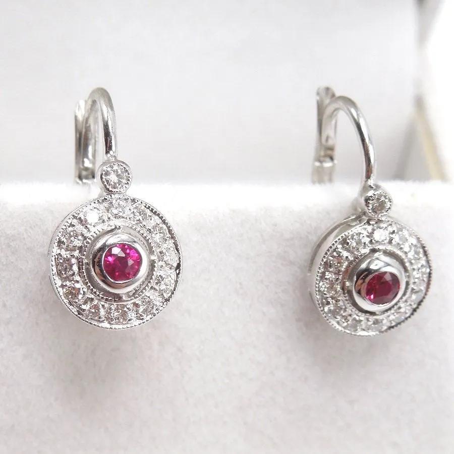 14K White Gold Ruby and Diamond Halo Lever Back Drop Earrings