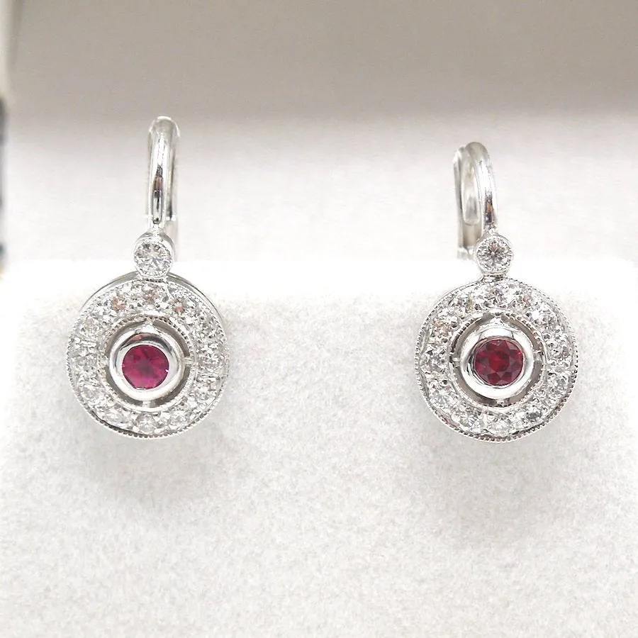 14K White Gold Ruby and Diamond Halo Lever Back Drop Earrings