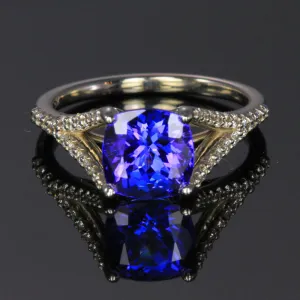 14K White Gold Square Cushion Tanzanite and Diamond Ring 2.56 Carats