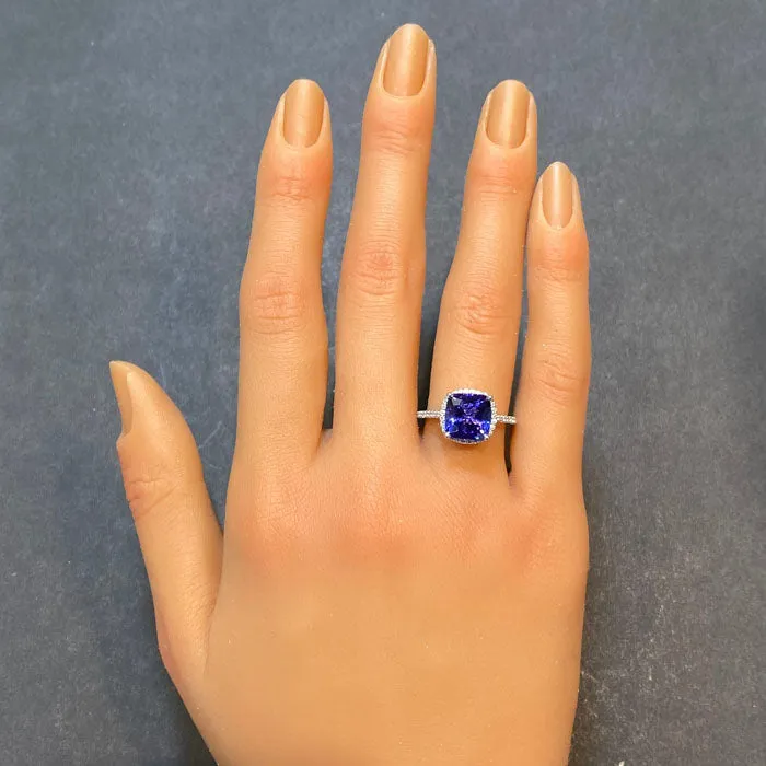 14k White Gold Square Cushion Tanzanite and Diamond Ring 3.82 Carats