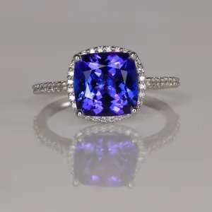14k White Gold Square Cushion Tanzanite and Diamond Ring 3.82 Carats