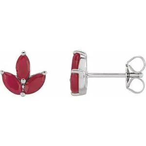 14K White Natural Ruby Cluster Earrings