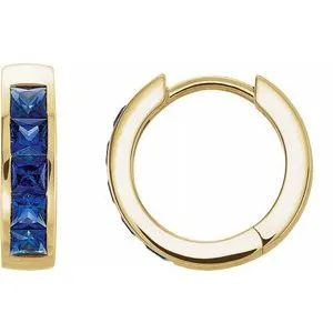 14K Yellow Chatham® Created Blue Sapphire Hoop Earrings