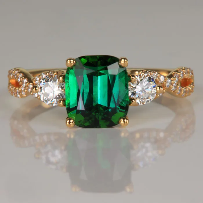 14K Yellow Gold Antique Cushion Cut Tourmaline and Diamond Ring 2.33 Carats