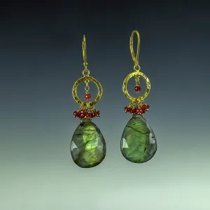 14K  Yellow Gold Labradorite & Ruby Drop Earrings, Cascading Gemstone earring,  Labradorite Drop Earring