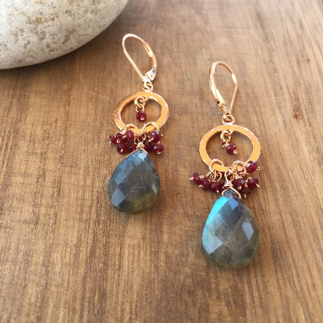 14K  Yellow Gold Labradorite & Ruby Drop Earrings, Cascading Gemstone earring,  Labradorite Drop Earring