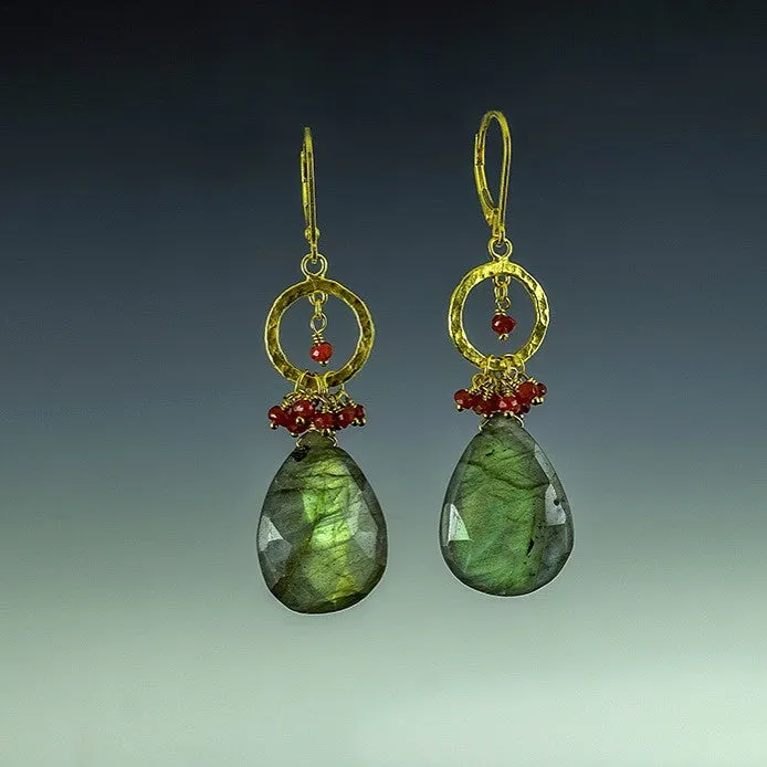 14K  Yellow Gold Labradorite & Ruby Drop Earrings, Cascading Gemstone earring,  Labradorite Drop Earring