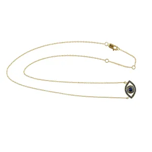 14K Yellow Gold Pave Blue Sapphire September Birthstone Evil Eye Choker Necklace