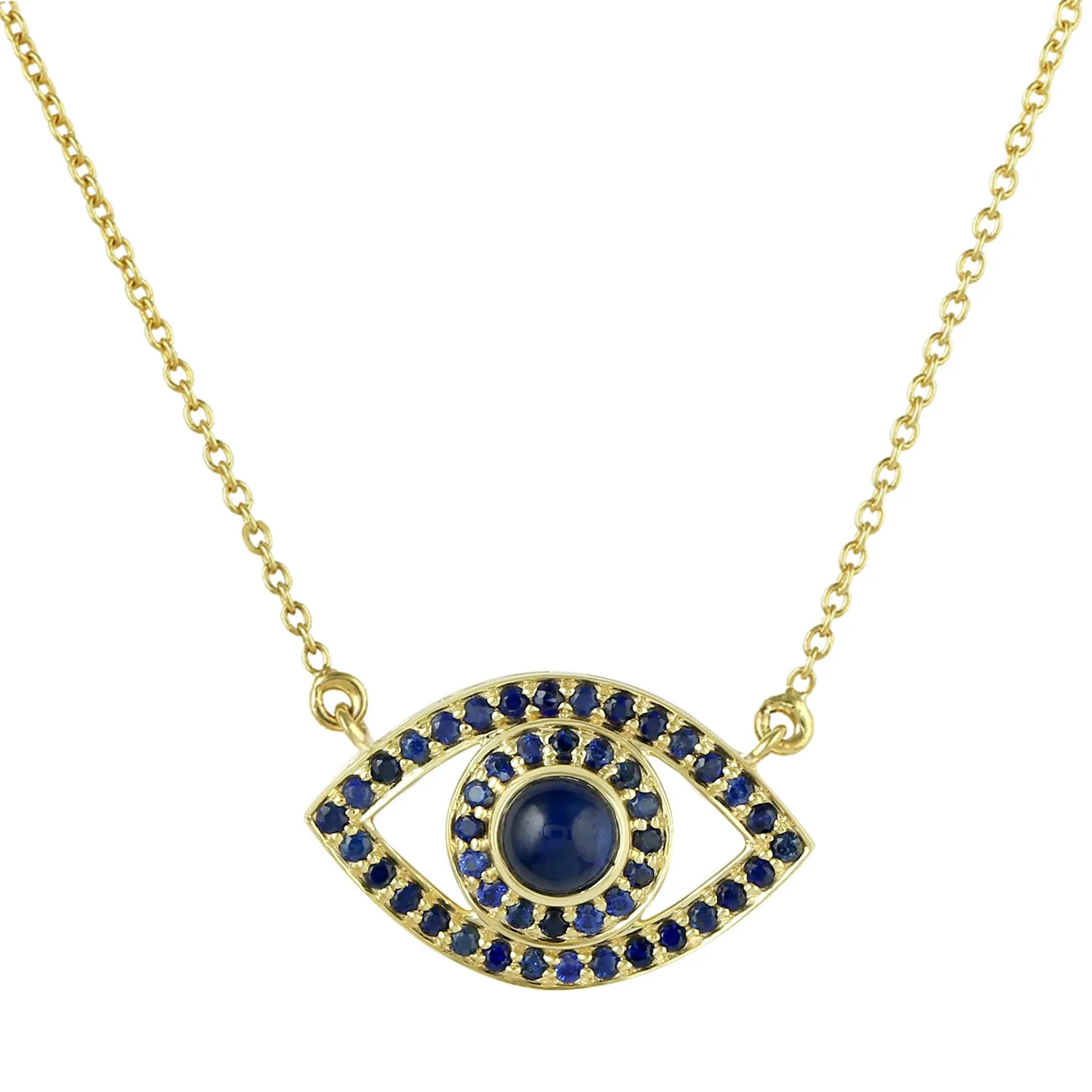 14K Yellow Gold Pave Blue Sapphire September Birthstone Evil Eye Choker Necklace