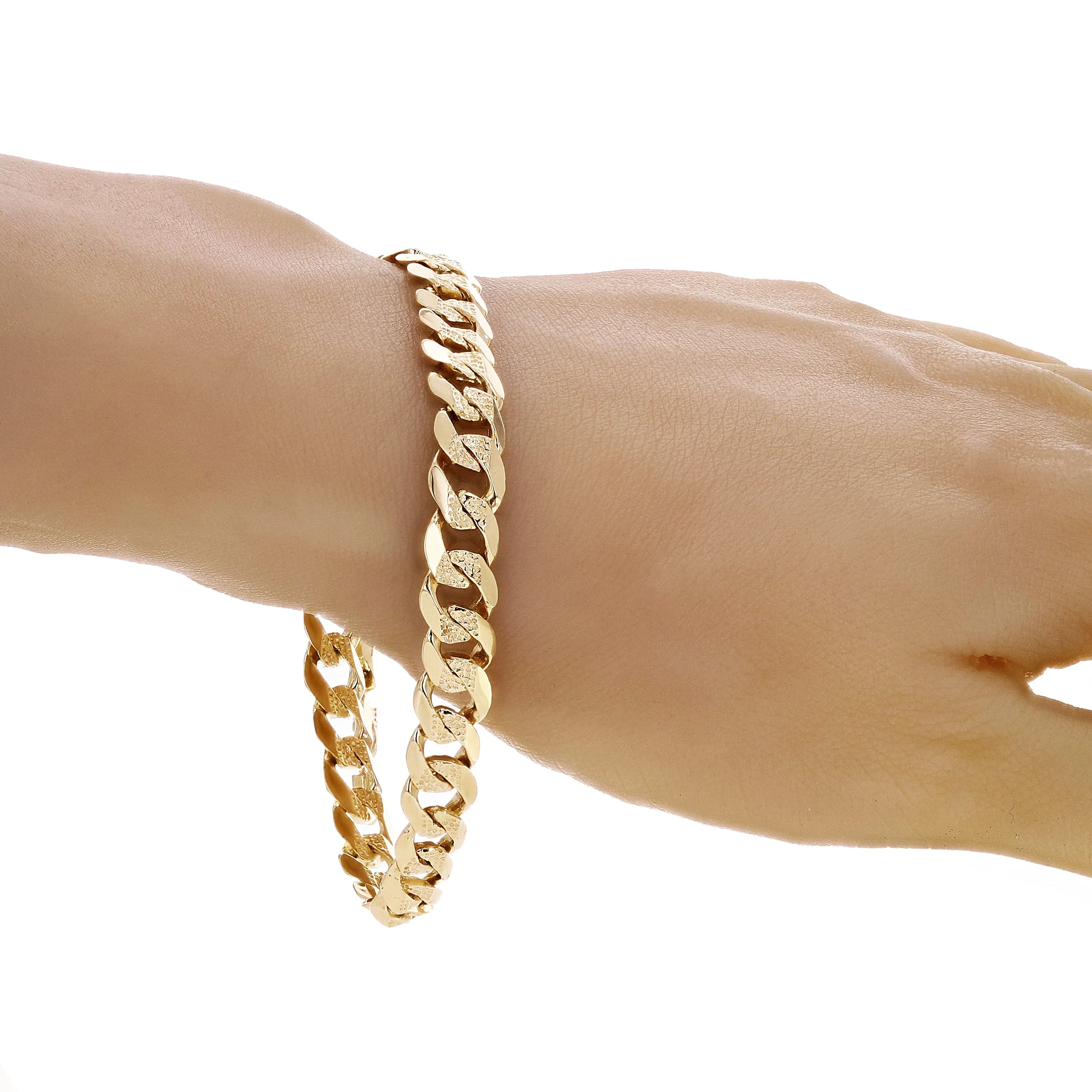 14k Yellow Gold Solid Pave Curb Cuban Link Chain Bracelet 9.3mm Various Lengths