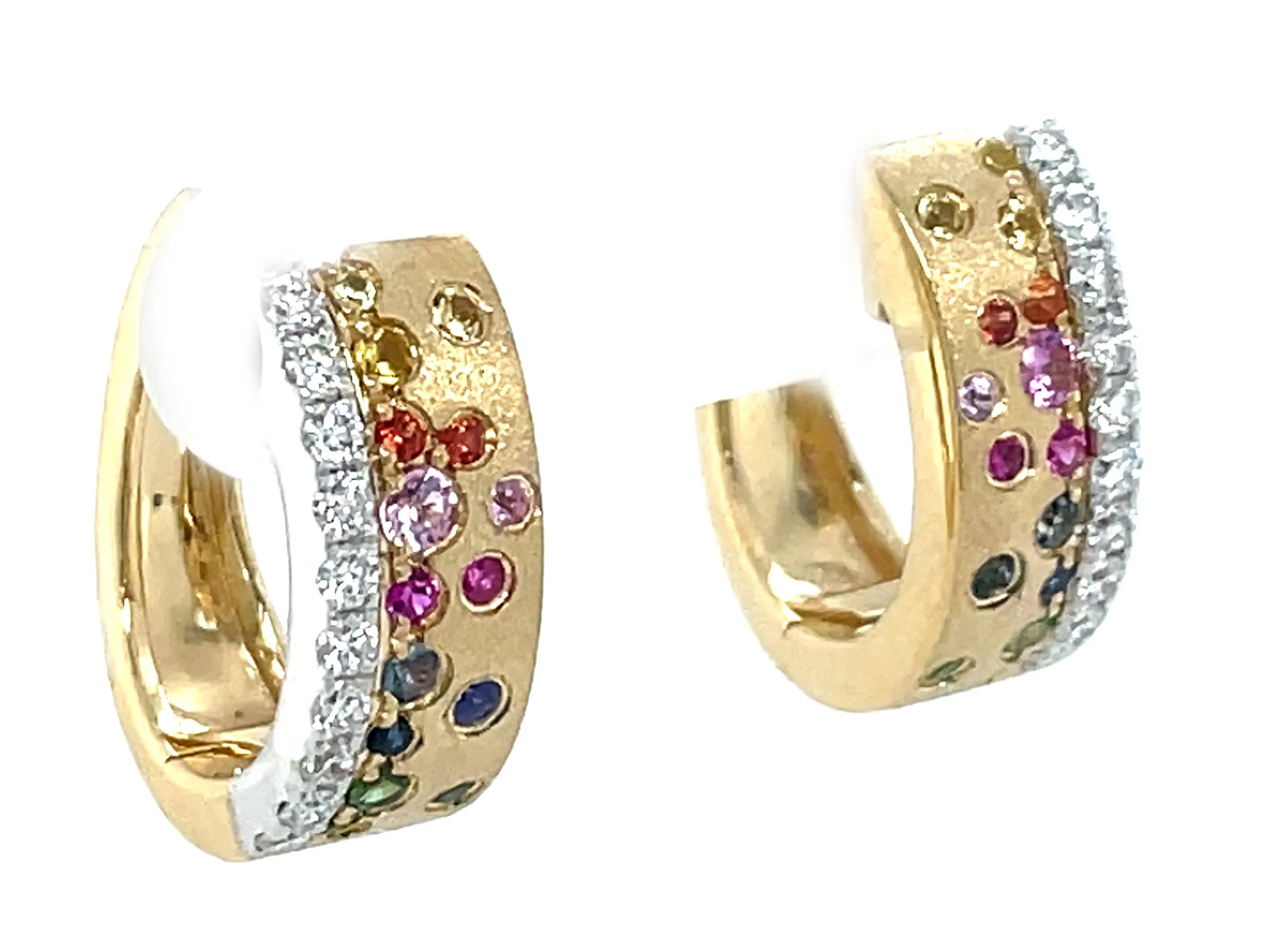 14K Yellow Multi-Gemstone and Natural Diamond Huggie Earrings
