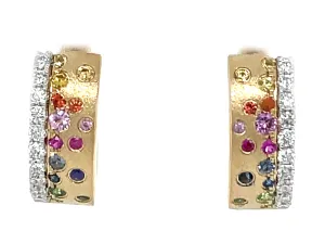 14K Yellow Multi-Gemstone and Natural Diamond Huggie Earrings