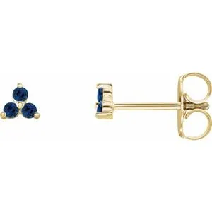 14K Yellow Natural Blue Sapphire Three Stone Earrings
