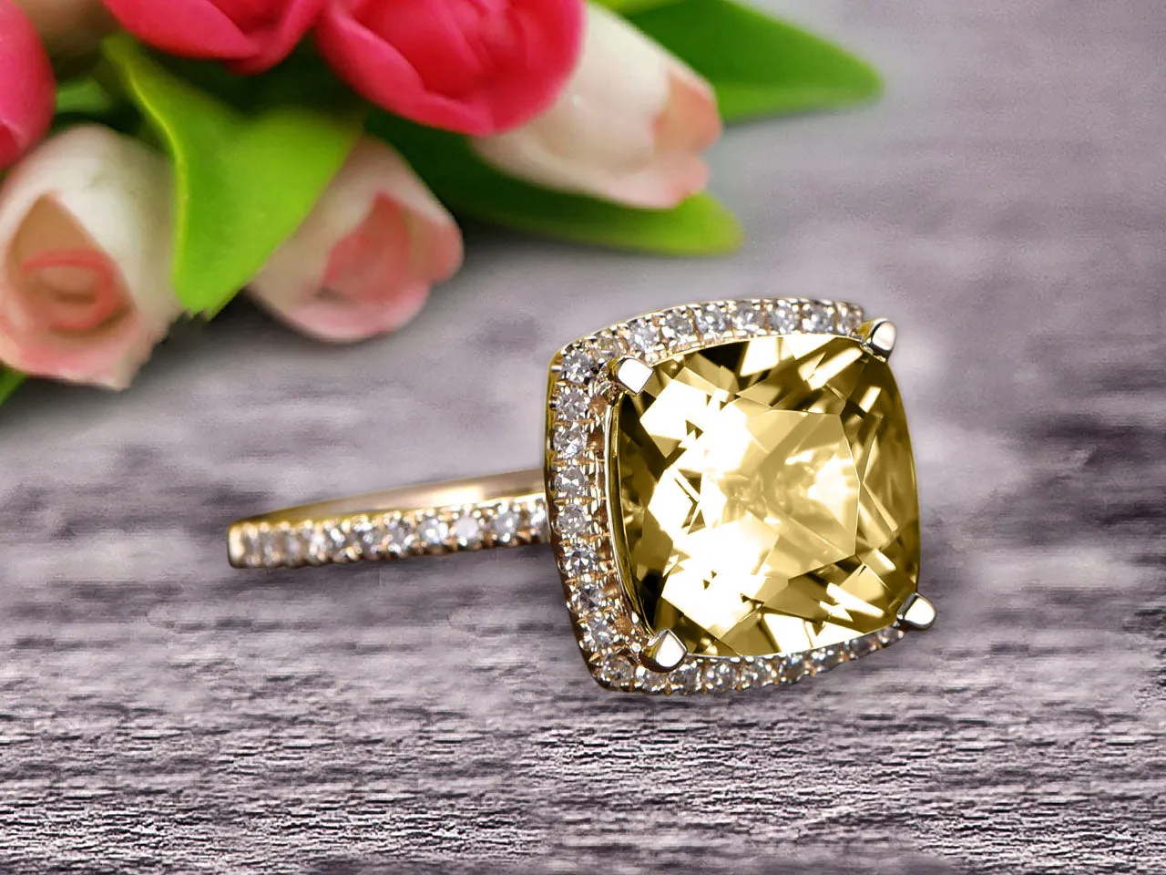 1.50 Carat Cushion Cut Champagne Diamond Moissanite Engagement Ring On 10k Champagne Diamond Moissanite Yellow Gold Ring