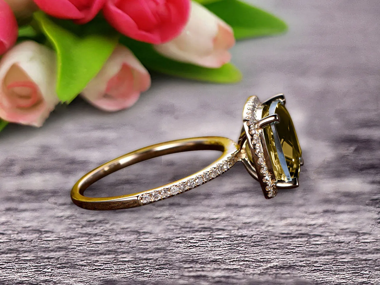 1.50 Carat Cushion Cut Champagne Diamond Moissanite Engagement Ring On 10k Champagne Diamond Moissanite Yellow Gold Ring