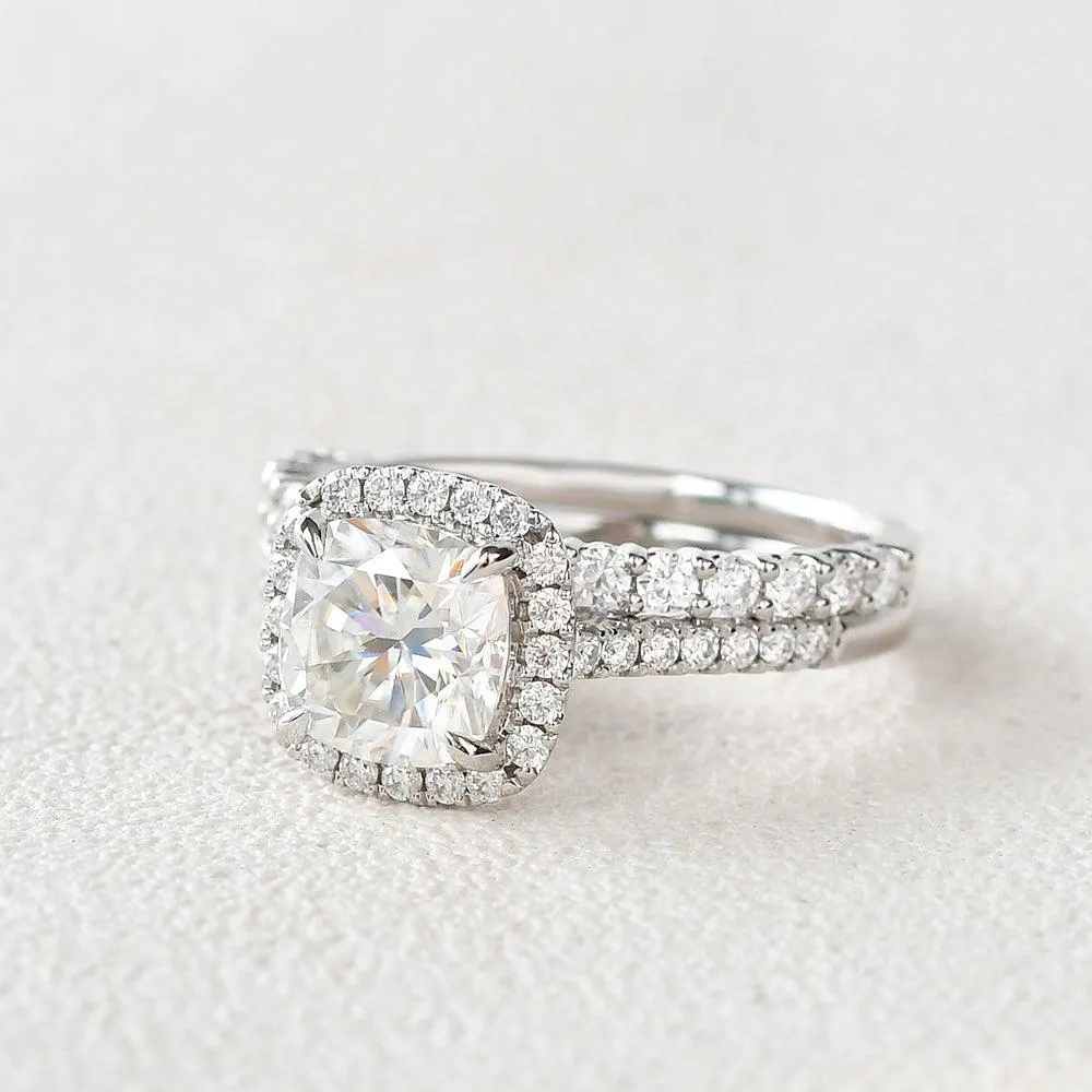 1.5ct Cushion Cut Moissanite Halo White Gold Ring Set 2pcs