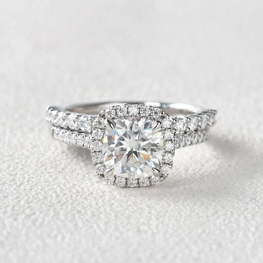 1.5ct Cushion Cut Moissanite Halo White Gold Ring Set 2pcs