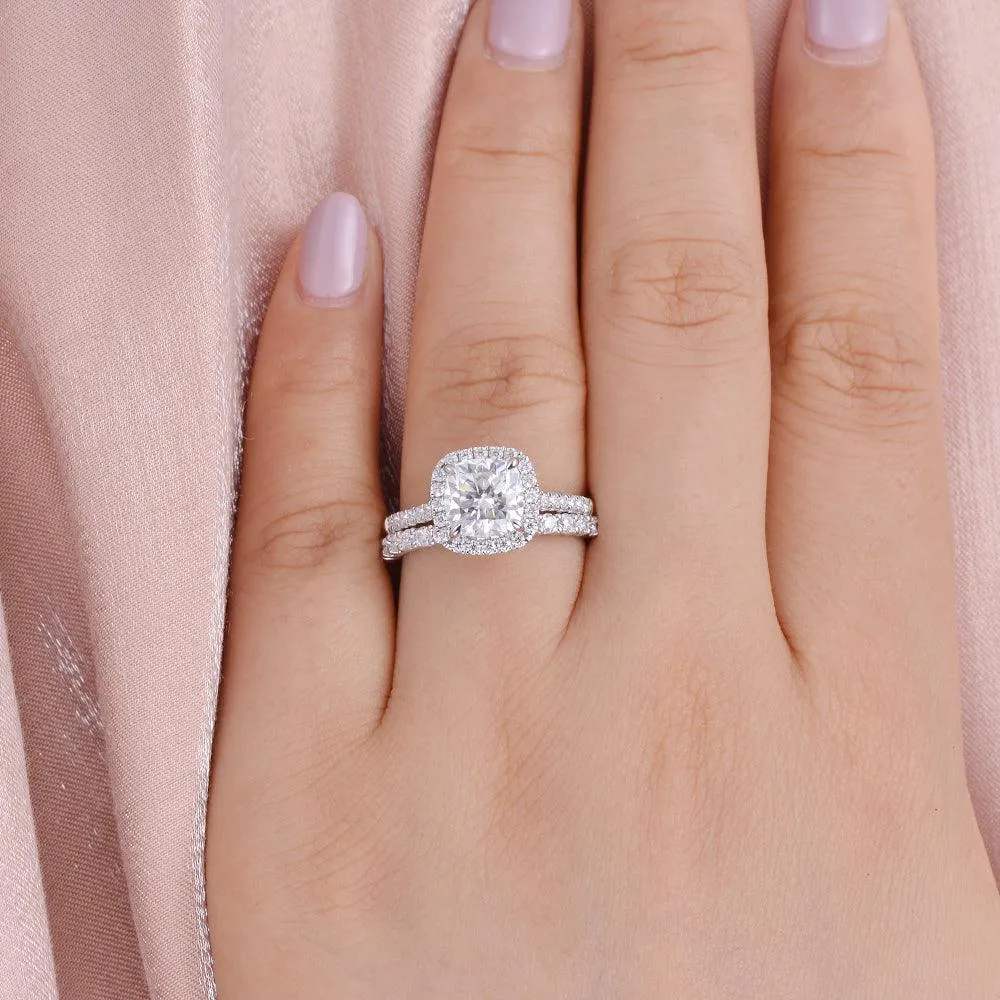 1.5ct Cushion Cut Moissanite Halo White Gold Ring Set 2pcs