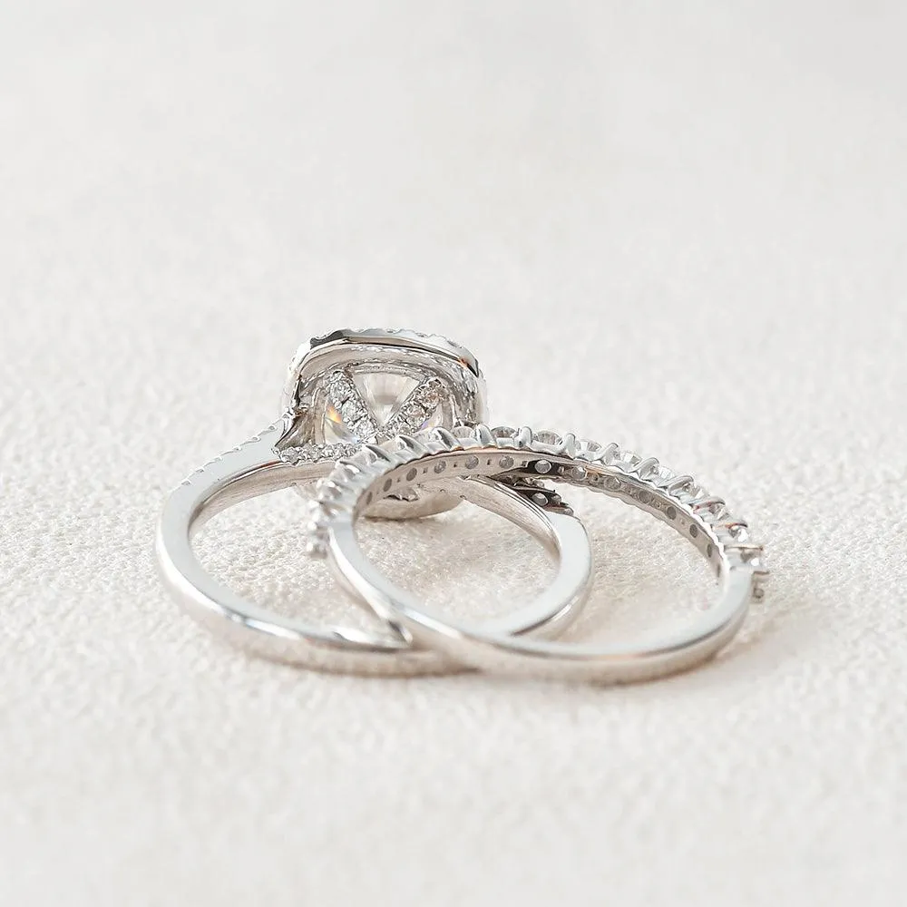 1.5ct Cushion Cut Moissanite Halo White Gold Ring Set 2pcs