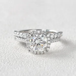 1.5ct Cushion Cut Moissanite Halo White Gold Ring Set 2pcs