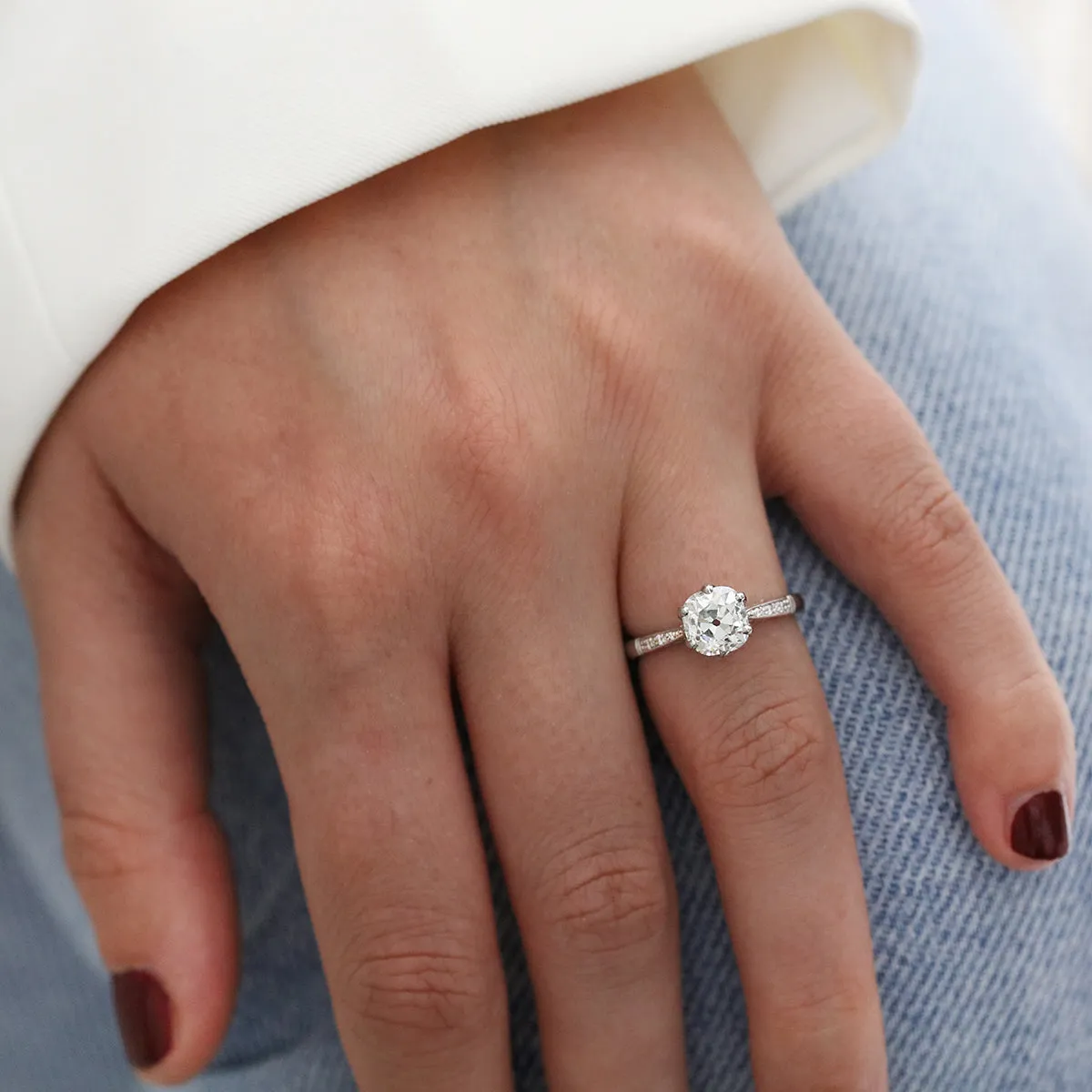 1.63ct Florrie Old Cushion Cut Diamond with Milgrain Shoulders | Pre-Loved | 18K White Gold