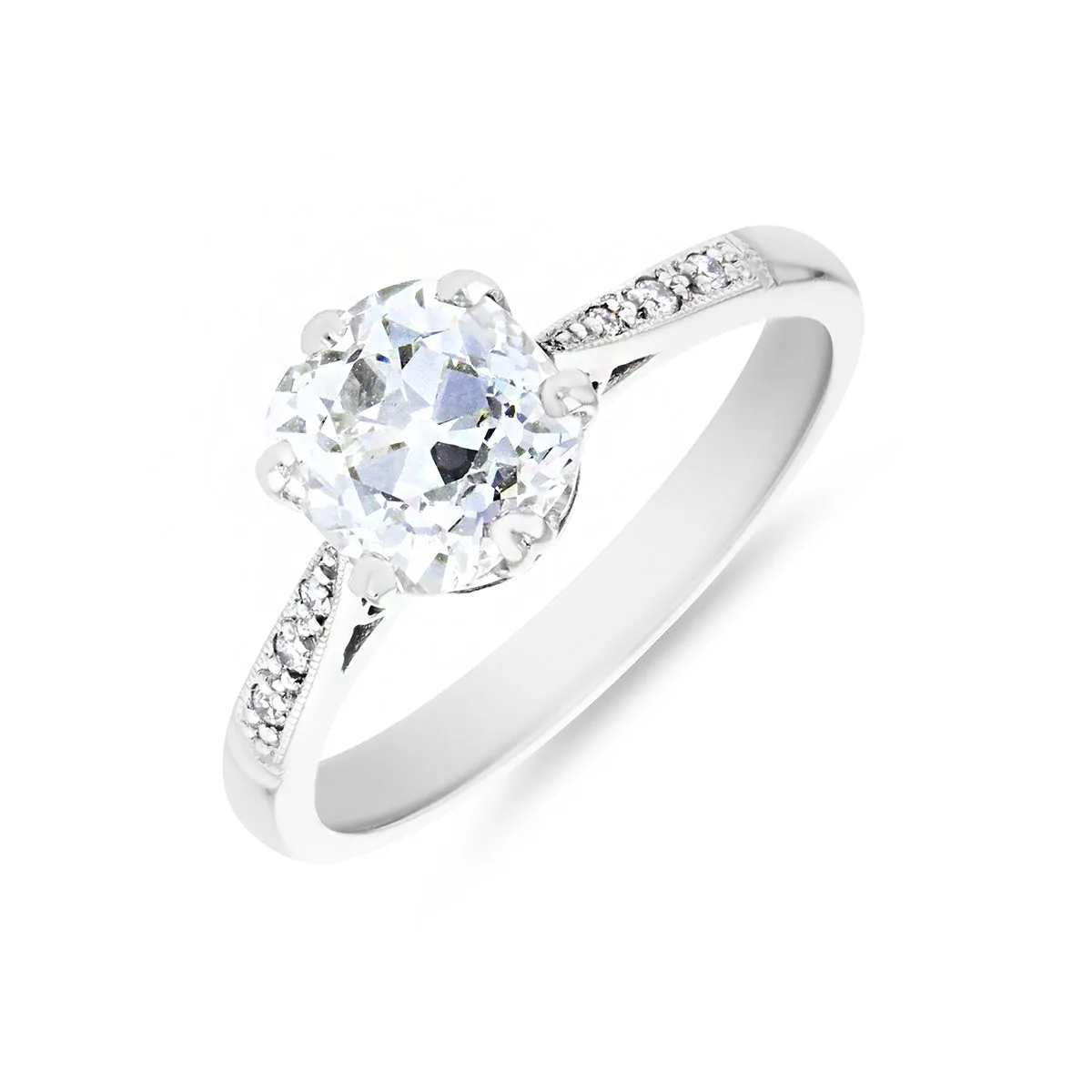 1.63ct Florrie Old Cushion Cut Diamond with Milgrain Shoulders | Pre-Loved | 18K White Gold