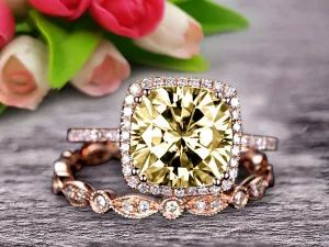 1.75 carat Classic Cushion Champagne Diamond Moissanite wedding Bands Engagement Ring on 10k Rose Gold