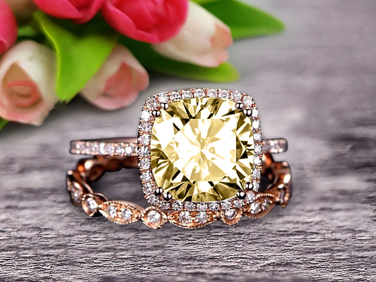 1.75 carat Classic Cushion Champagne Diamond Moissanite wedding Bands Engagement Ring on 10k Rose Gold