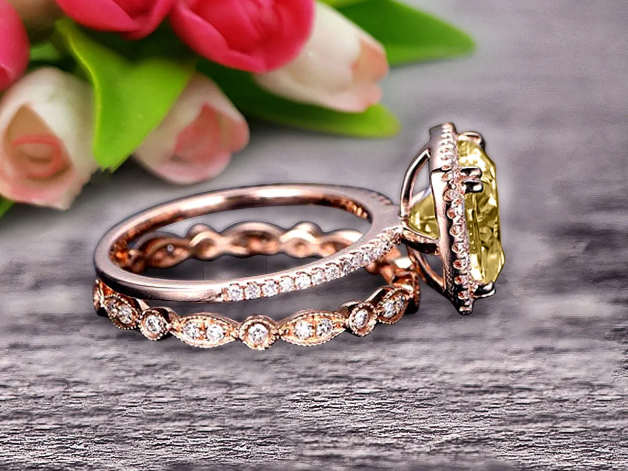 1.75 carat Classic Cushion Champagne Diamond Moissanite wedding Bands Engagement Ring on 10k Rose Gold