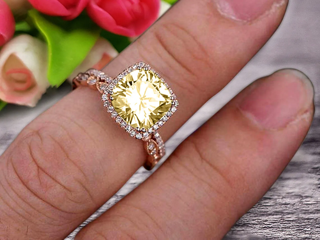 1.75 carat Classic Cushion Champagne Diamond Moissanite wedding Bands Engagement Ring on 10k Rose Gold