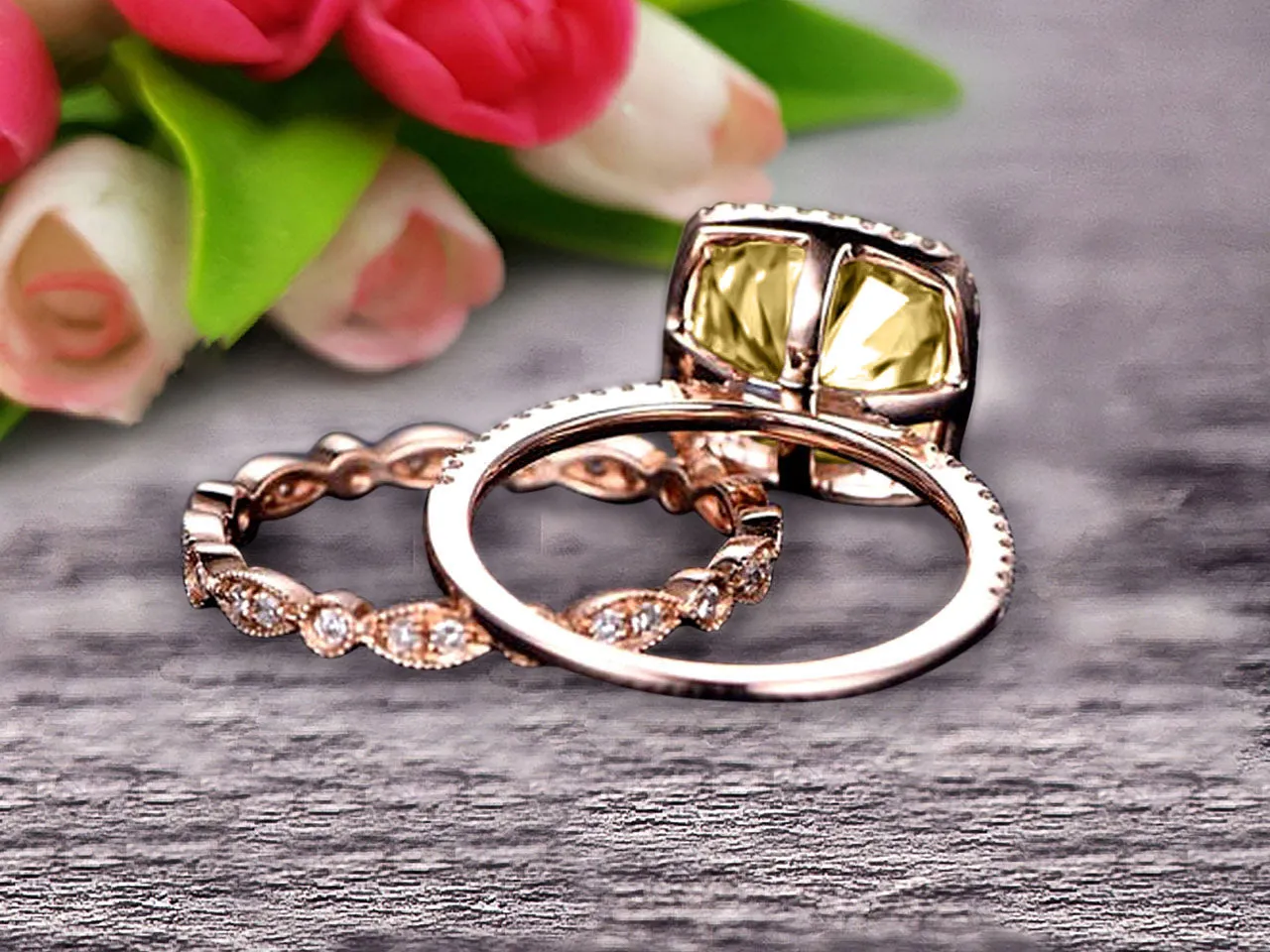 1.75 carat Classic Cushion Champagne Diamond Moissanite wedding Bands Engagement Ring on 10k Rose Gold