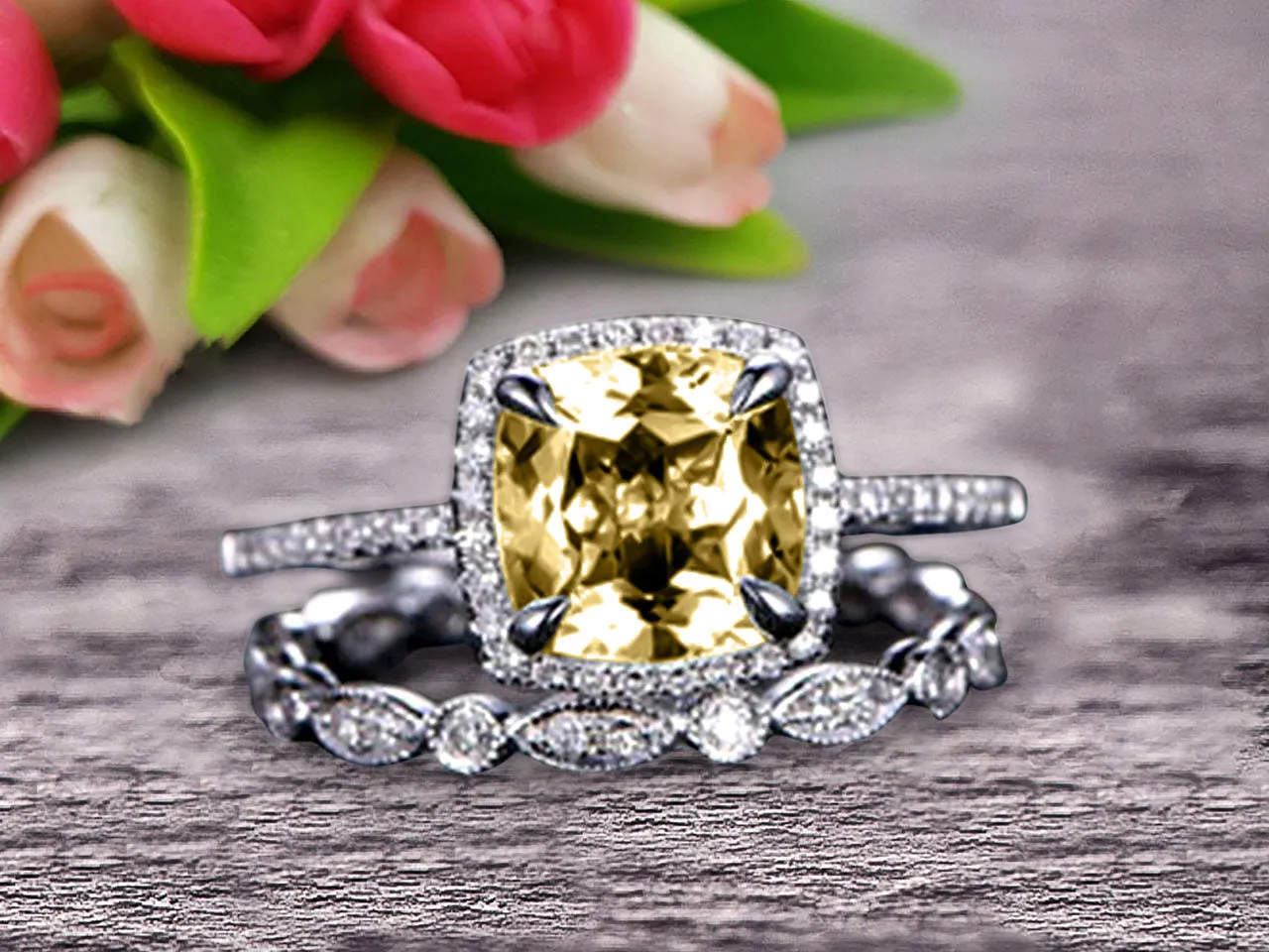 1.75 Carat Cushion Cut Vintage Looking Champagne Diamond Moissanite Engagement Ring with Wedding Band on 10k White Gold