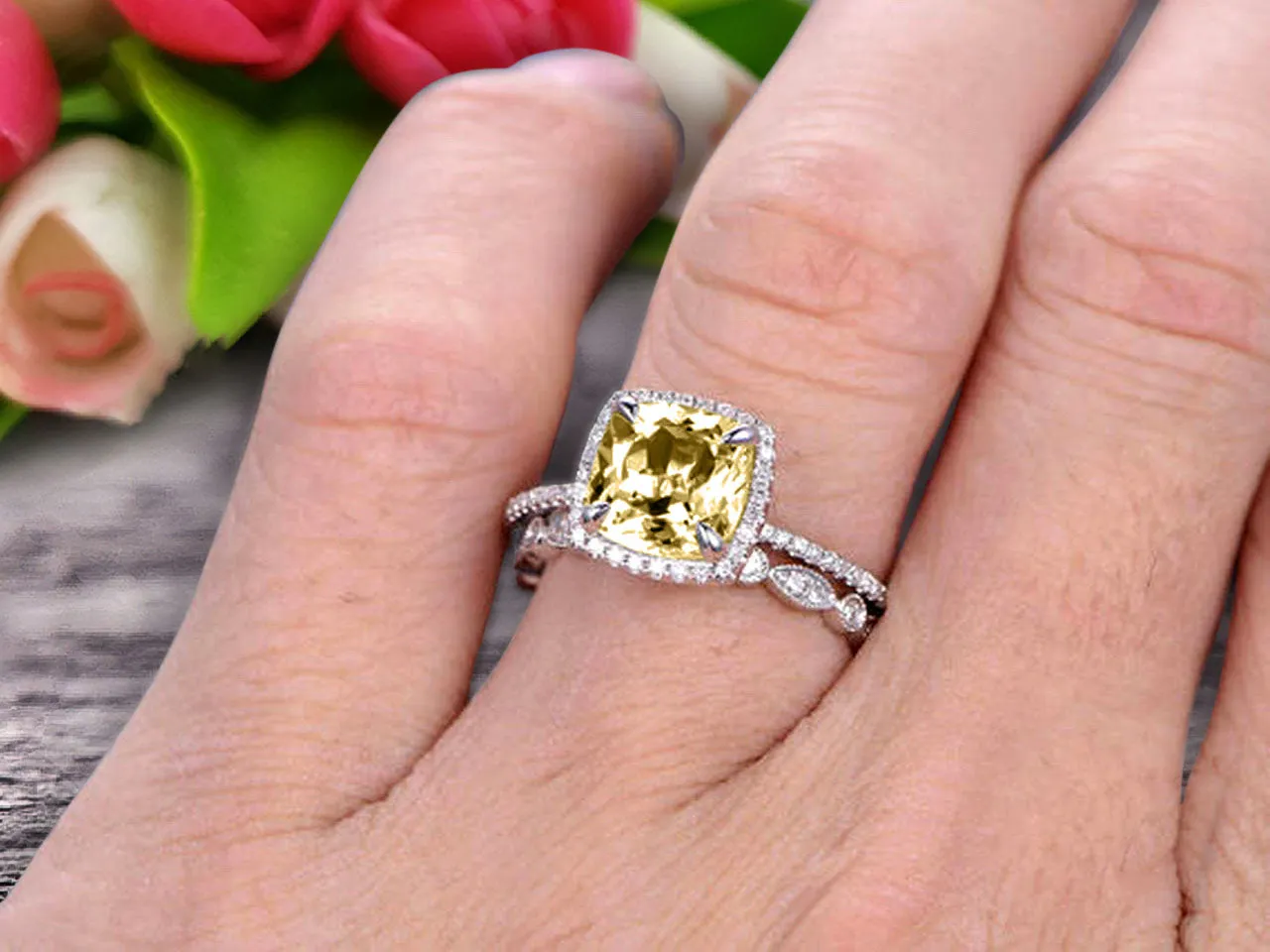 1.75 Carat Cushion Cut Vintage Looking Champagne Diamond Moissanite Engagement Ring with Wedding Band on 10k White Gold