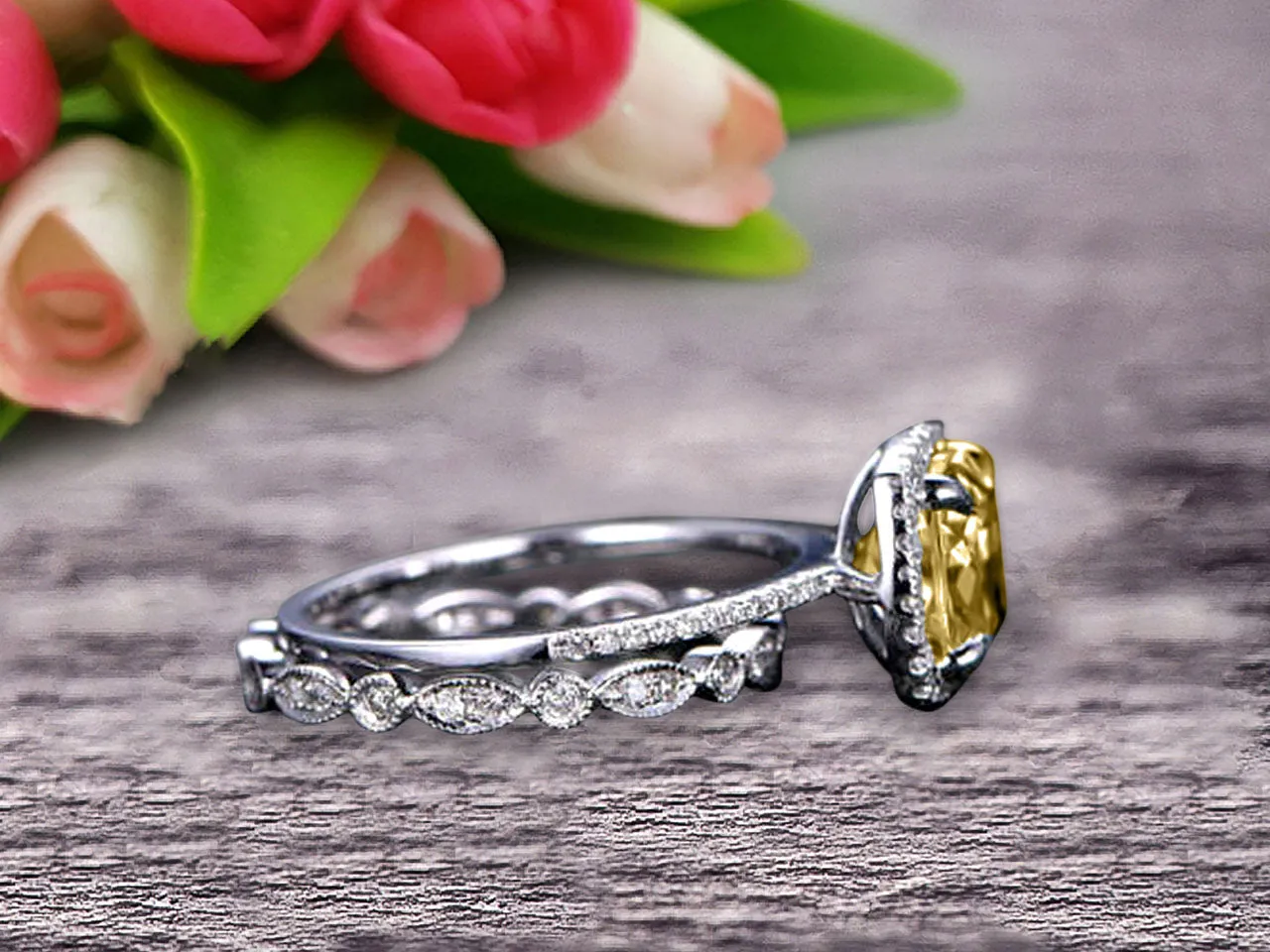 1.75 Carat Cushion Cut Vintage Looking Champagne Diamond Moissanite Engagement Ring with Wedding Band on 10k White Gold