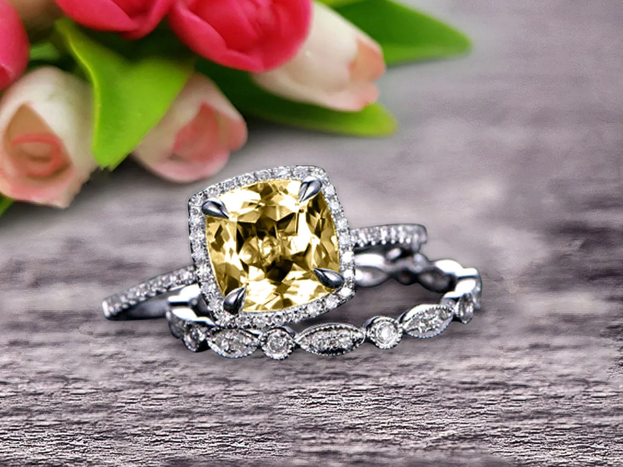 1.75 Carat Cushion Cut Vintage Looking Champagne Diamond Moissanite Engagement Ring with Wedding Band on 10k White Gold