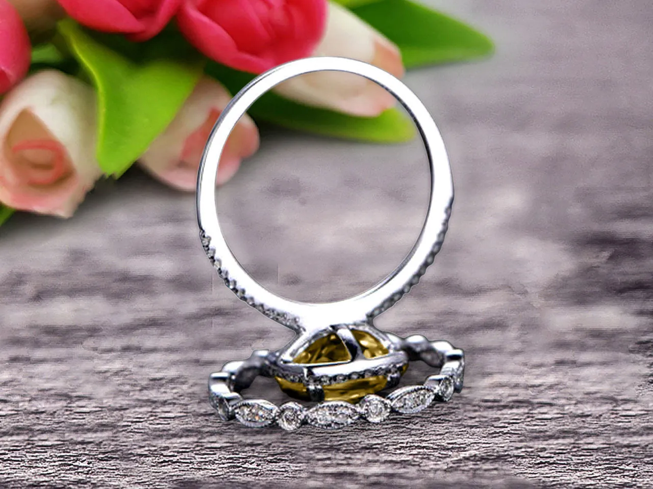 1.75 Carat Cushion Cut Vintage Looking Champagne Diamond Moissanite Engagement Ring with Wedding Band on 10k White Gold