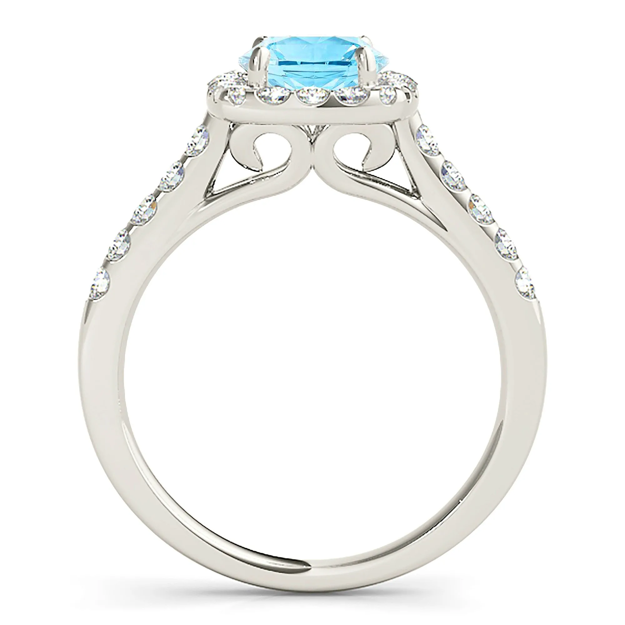 1.75 ct. Genuine Aquamarine Ring With Cushion Halo And Delicate Diamond Band