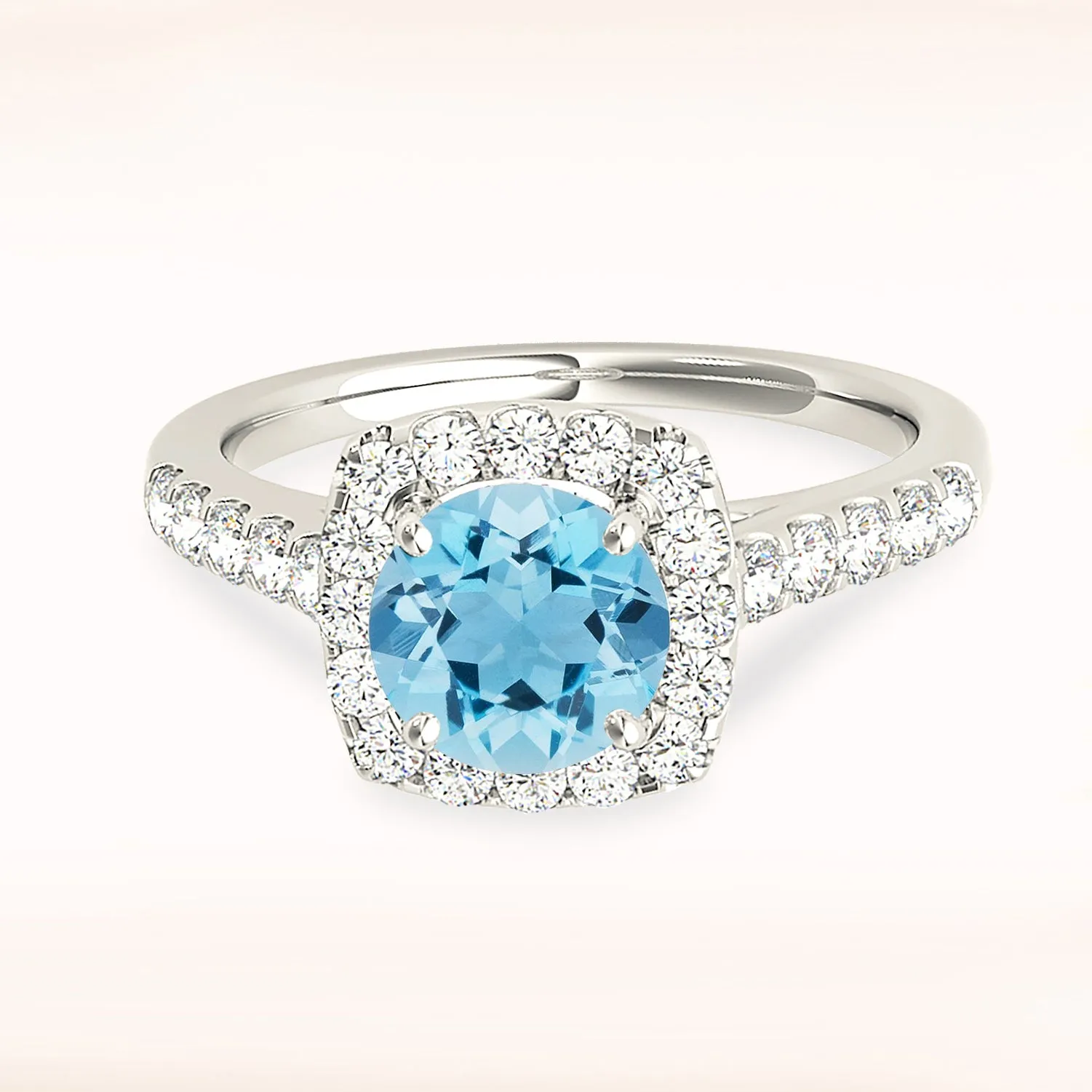 1.75 ct. Genuine Aquamarine Ring With Cushion Halo And Delicate Diamond Band
