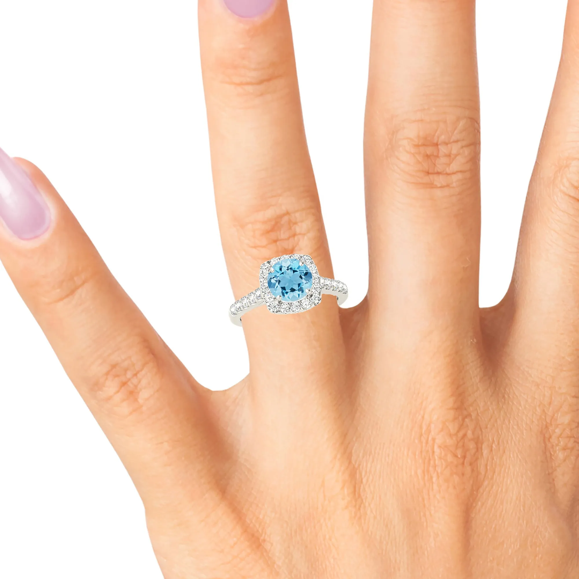 1.75 ct. Genuine Aquamarine Ring With Cushion Halo And Delicate Diamond Band