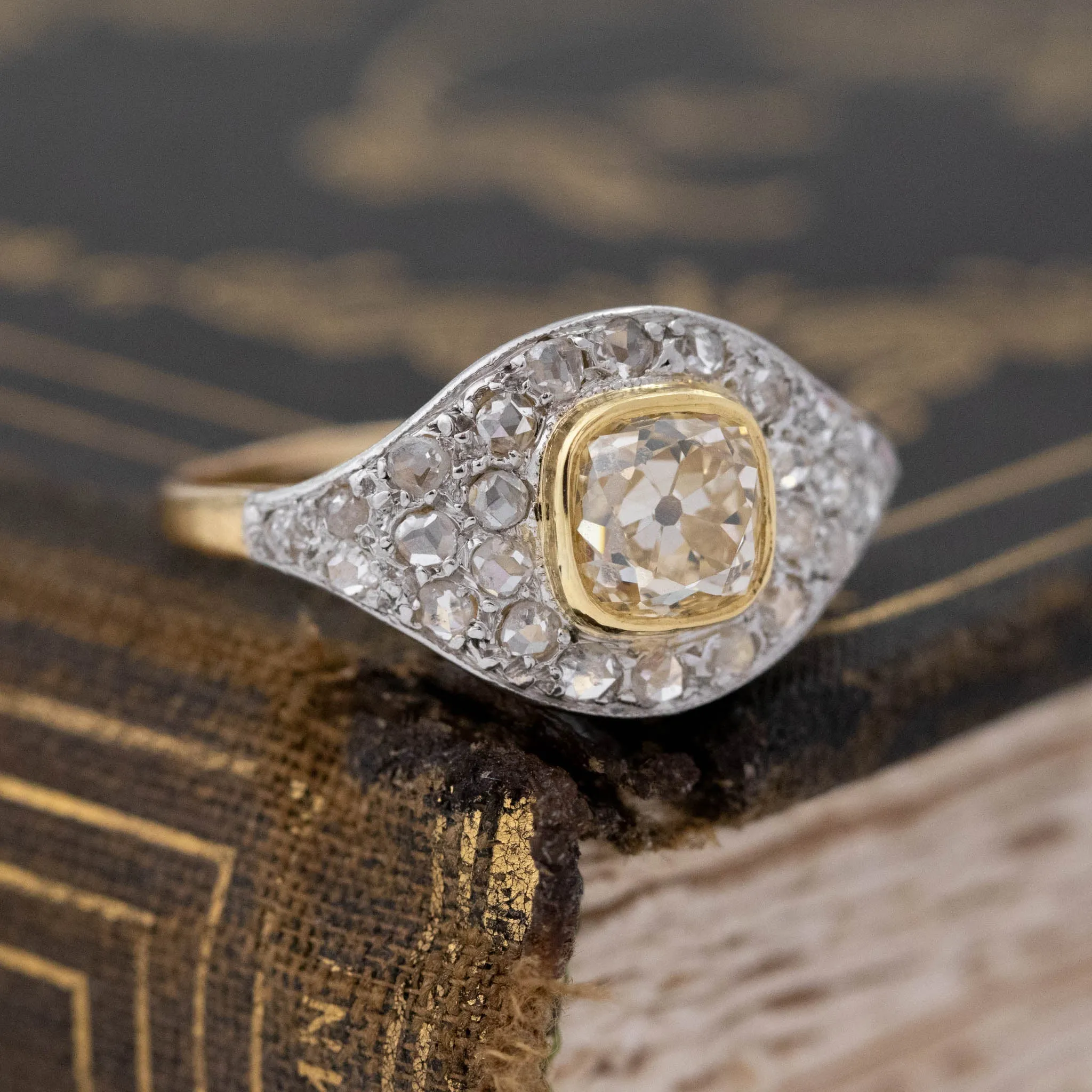 1.81ctw Vintage Yellow Old Mine Cut Diamond Cluster Ring, GIA FLBY SI2