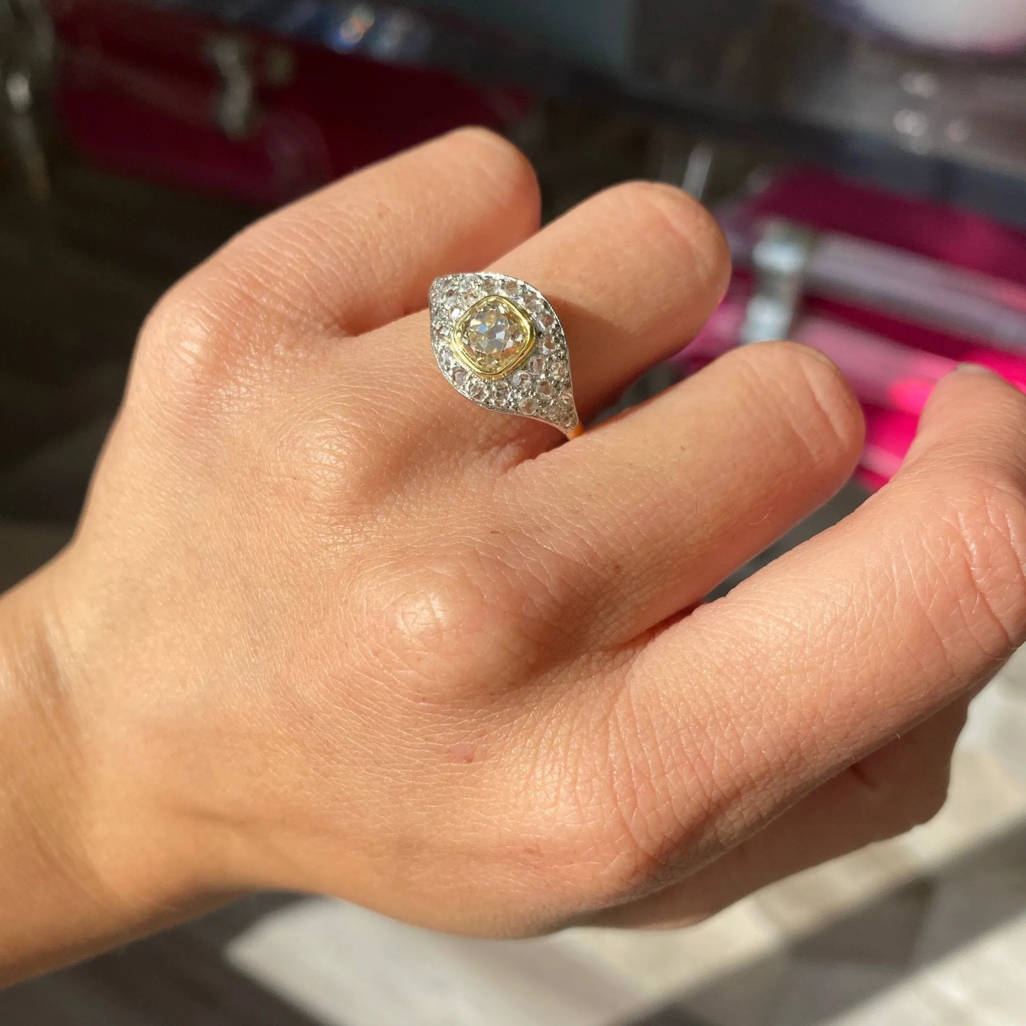 1.81ctw Vintage Yellow Old Mine Cut Diamond Cluster Ring, GIA FLBY SI2
