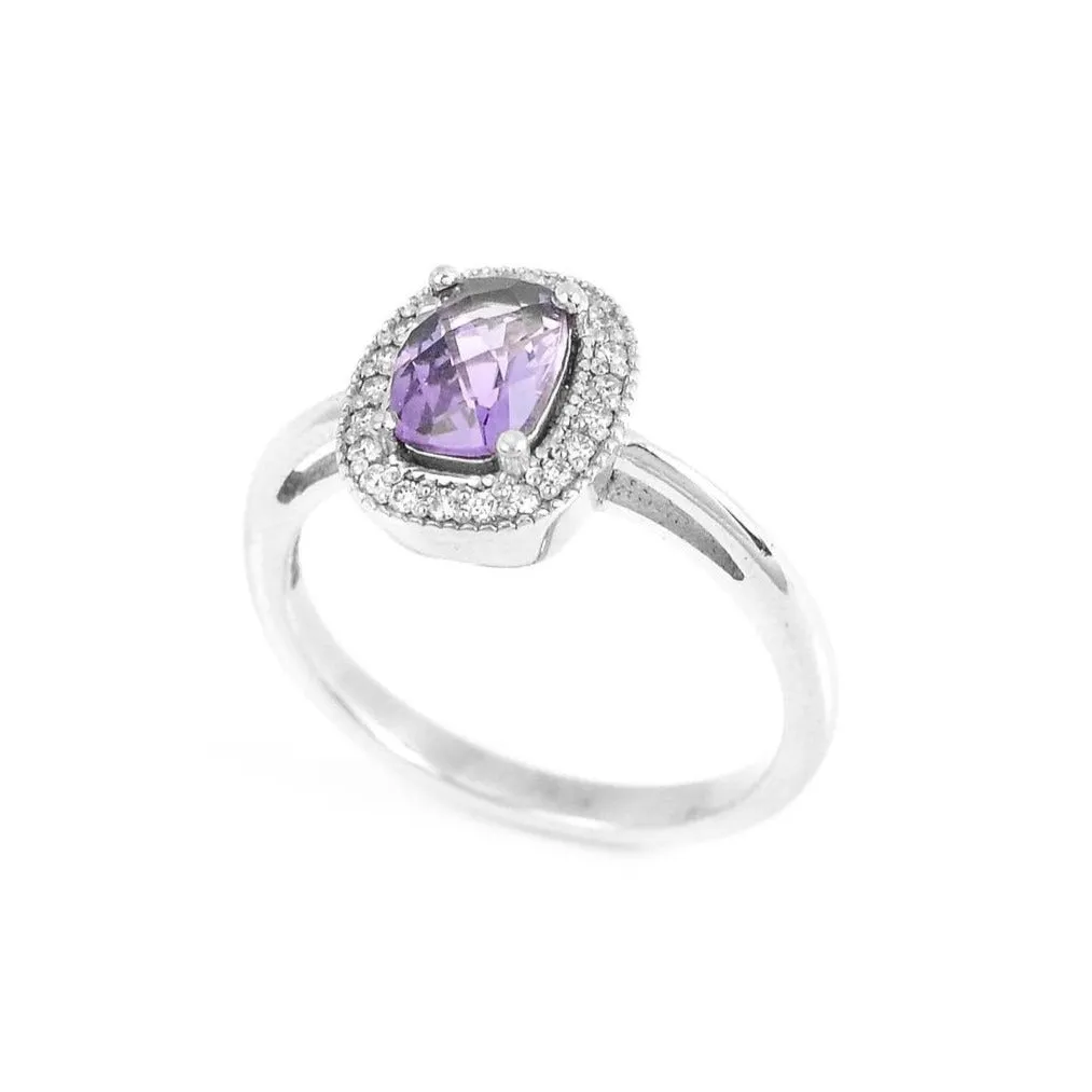 18ct White Gold & 0.82ct Cushion Cut Amethyst & 0.10ct Diamond Halo Ring