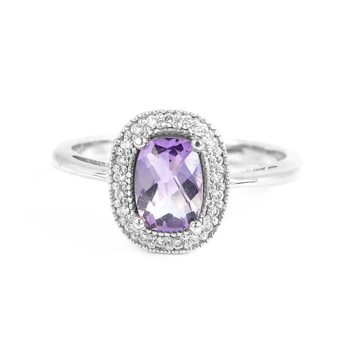 18ct White Gold & 0.82ct Cushion Cut Amethyst & 0.10ct Diamond Halo Ring