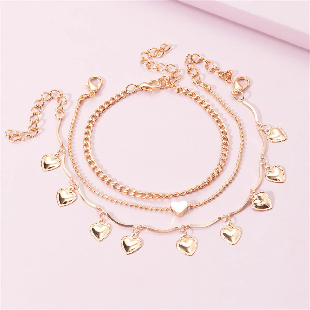 18K Gold-Plated Heart Charm Bracelet Set