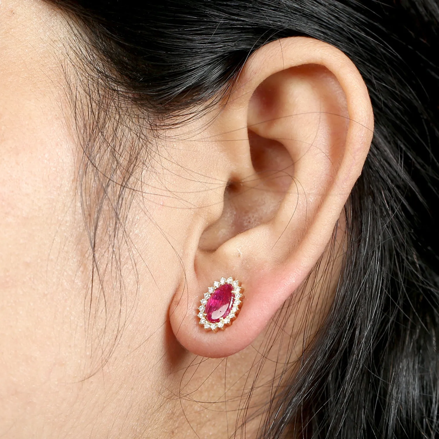 18k Rose Gold Oval Cut Ruby Prong Natural Diamond Halo Stud Earrings