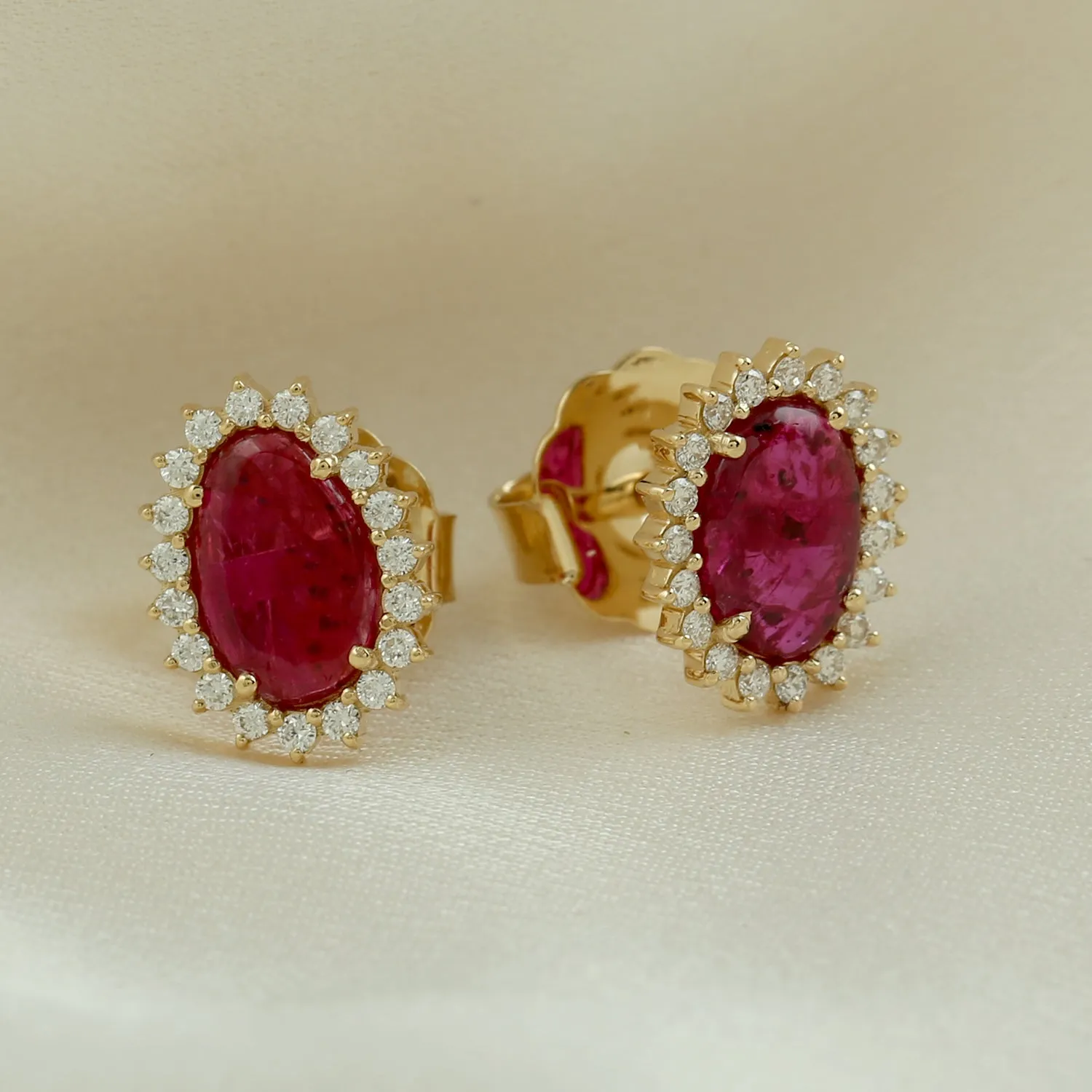 18k Rose Gold Oval Cut Ruby Prong Natural Diamond Halo Stud Earrings