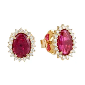 18k Rose Gold Oval Cut Ruby Prong Natural Diamond Halo Stud Earrings