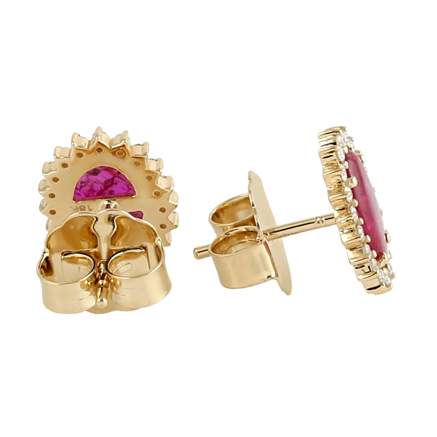 18k Rose Gold Oval Cut Ruby Prong Natural Diamond Halo Stud Earrings