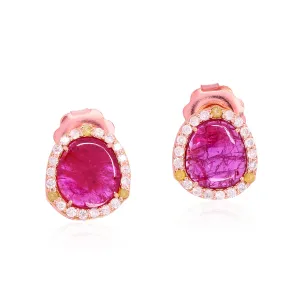 18K Rose Gold Slice Ruby July Birthstone Pave Diamond Classic Stud For Her